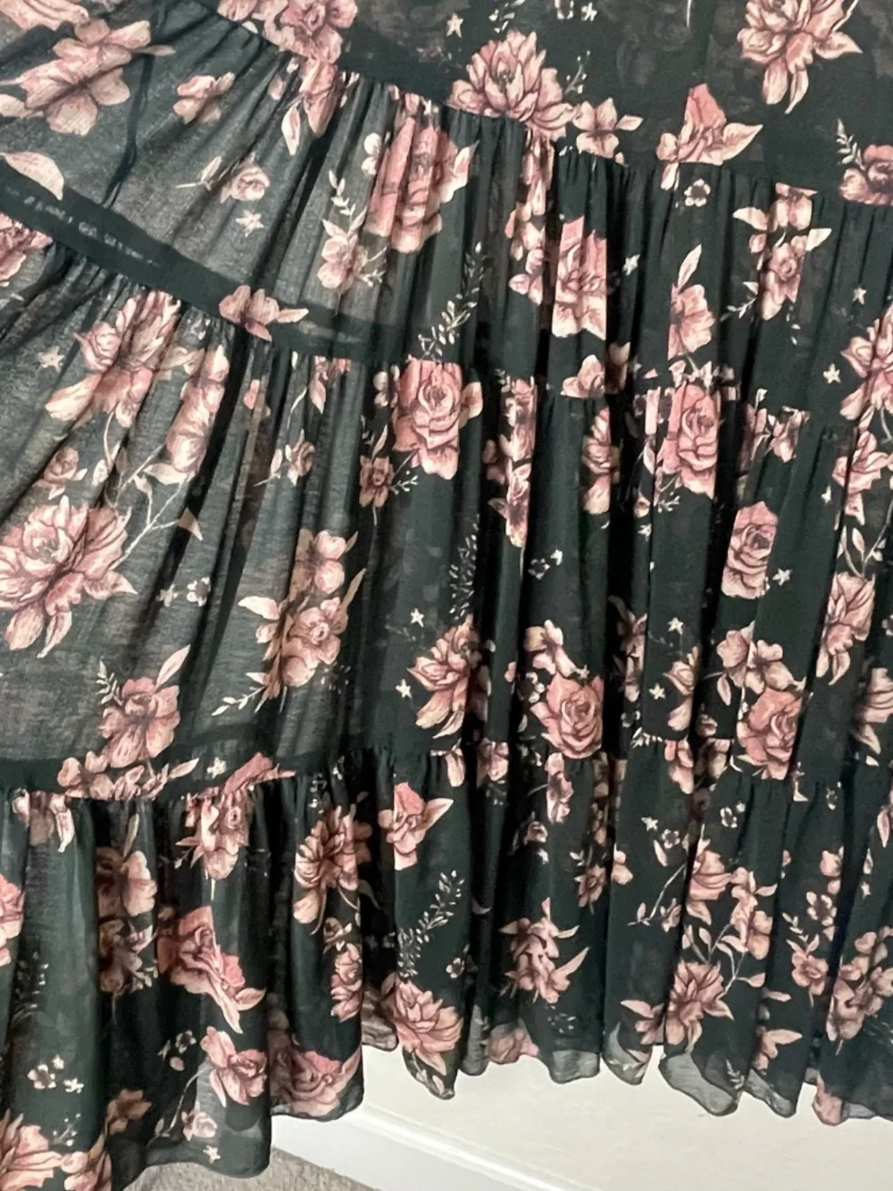 Free People Black Pink Floral Maxi Dress Sheer Long Sleeve Tiered Boho Sz Small - Picture 6 of 16